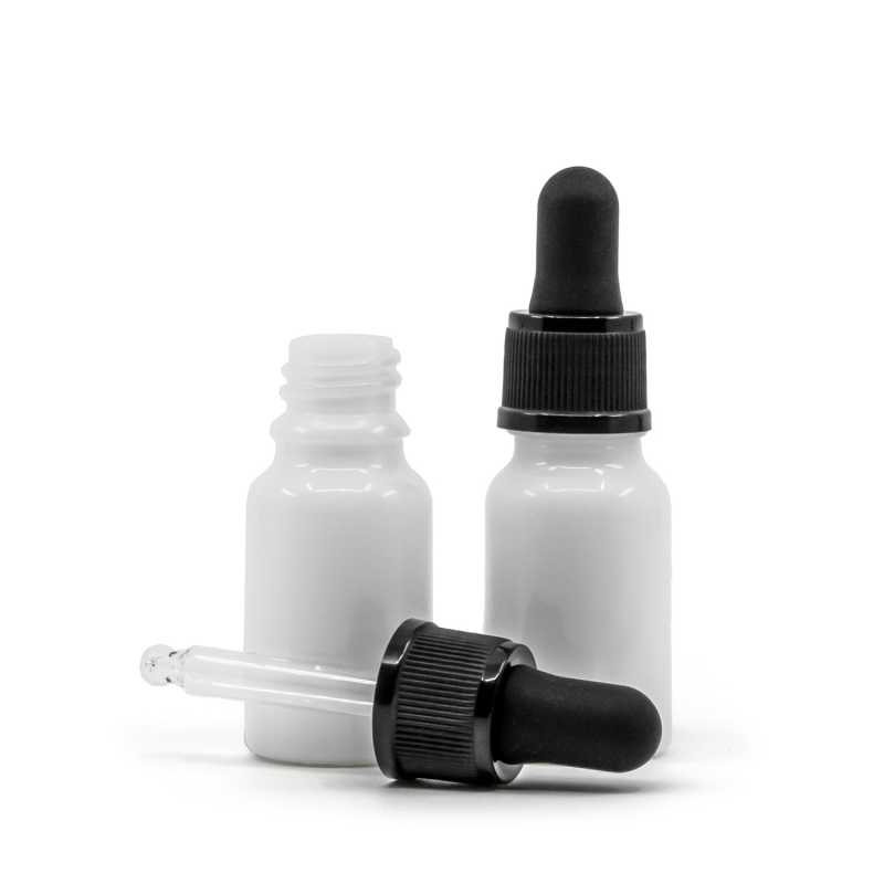 Botella de vidrio, blanca, cuentagotas negro, 10 ml