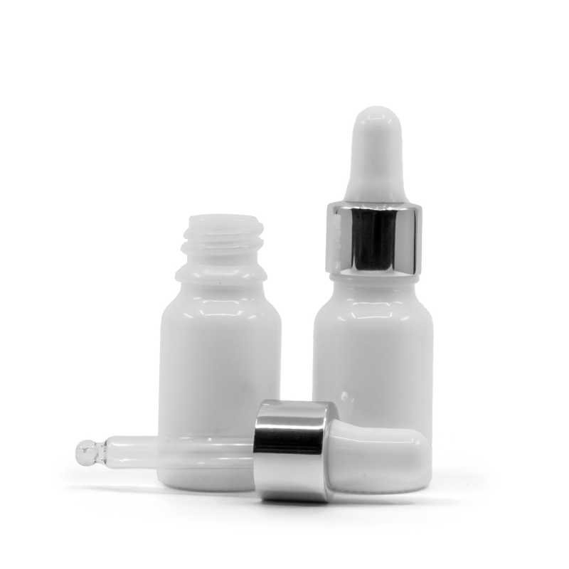 Frasco de vidrio, blanco, cuentagotas plateado, 10 ml