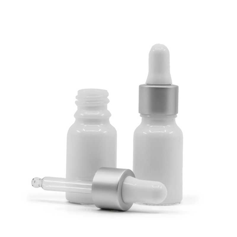 Frasco de vidrio, blanco, cuentagotas blanco plata mate, 10 ml