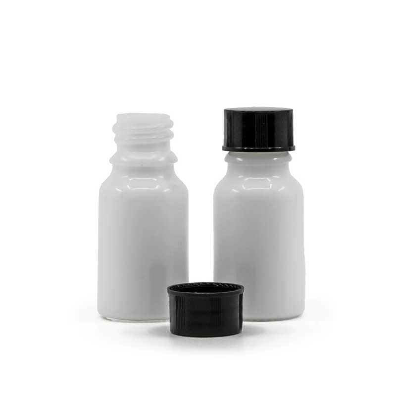 Frasco de vidrio, blanco, tapón negro, 10 ml
