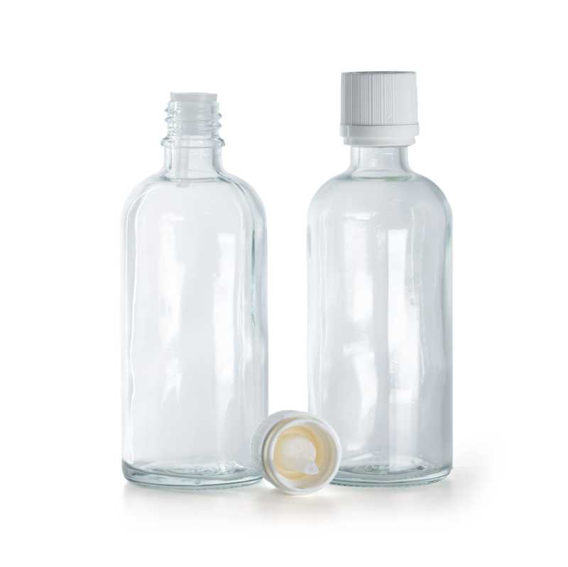 Botella de vidrio transparente, tapón de seguridad blanco con cuentagotas, 100 ml