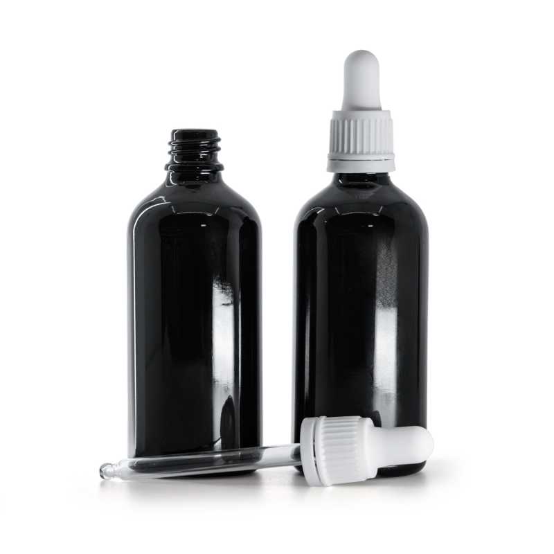 Botella de vidrio, negro brillo, gotero blanco, 100 ml