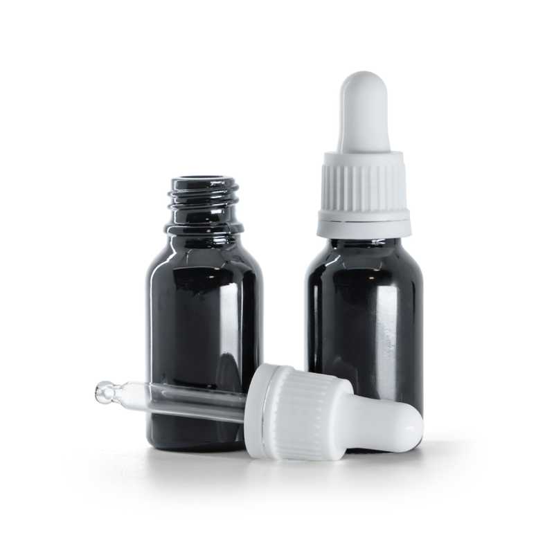 Frasco de vidrio, negro brillante, cuentagotas blanco, 15 ml