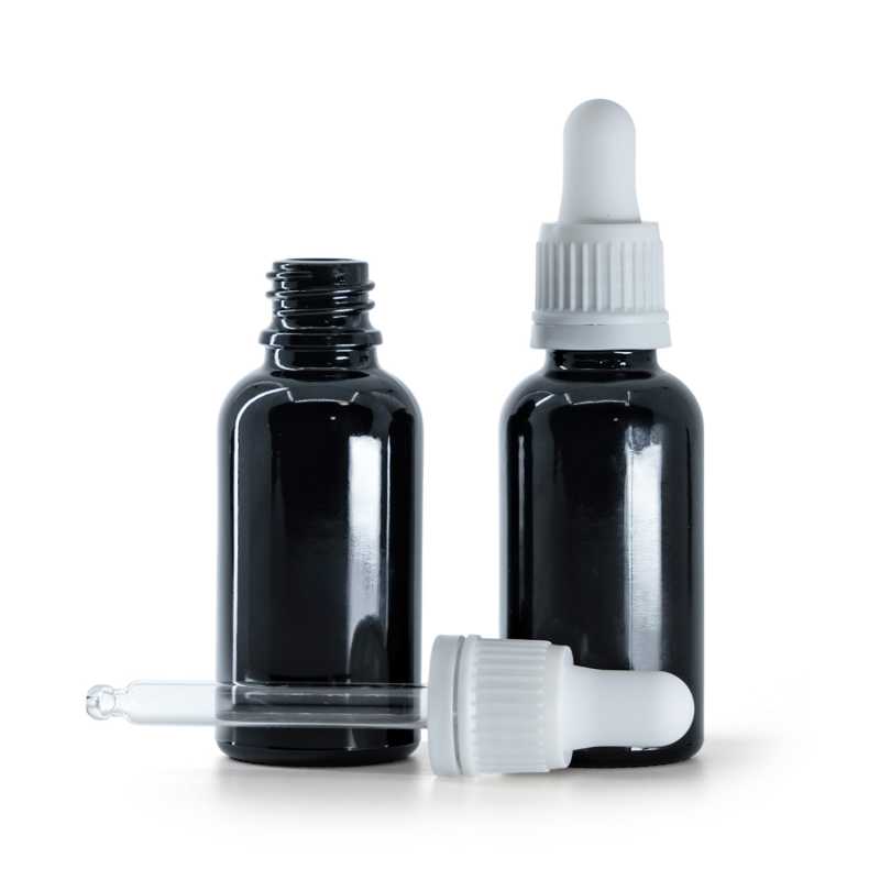 Frasco de vidrio, negro brillante, cuentagotas blanco, 30 ml