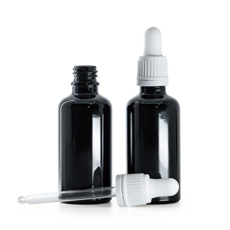 Frasco de vidrio, negro brillante, cuentagotas blanco, 50 ml