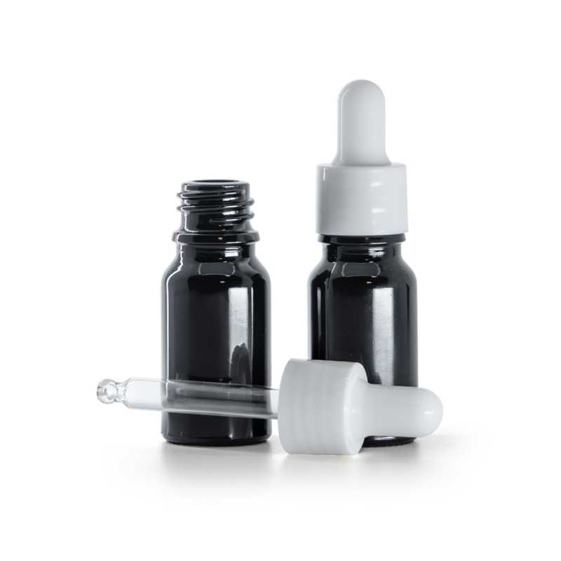 Botella de vidrio, negra brillante, cuentagotas blanco brillante, 10 ml