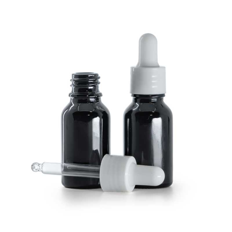 Frasco de vidrio, negro brillante, cuentagotas blanco brillante, 15 ml