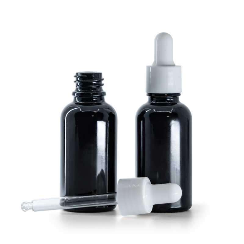 Frasco de vidrio, negro brillante, gotero blanco brillante, 30 ml