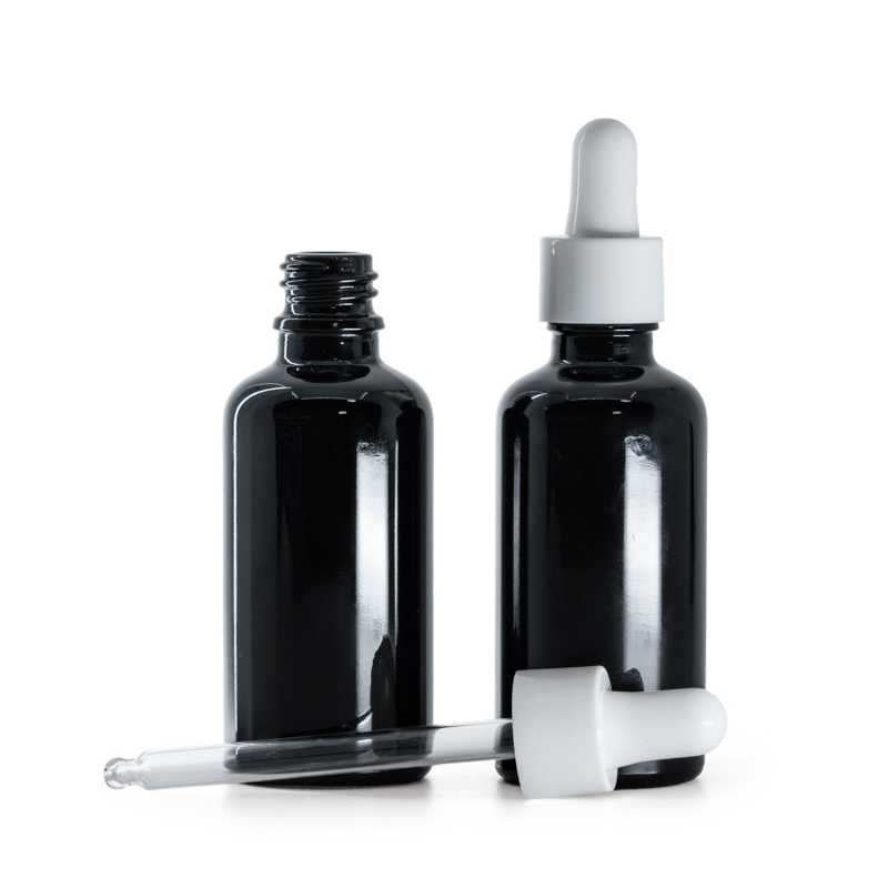 Envase de vidrio, negro brillante, cuentagotas blanco brillante, 50 ml