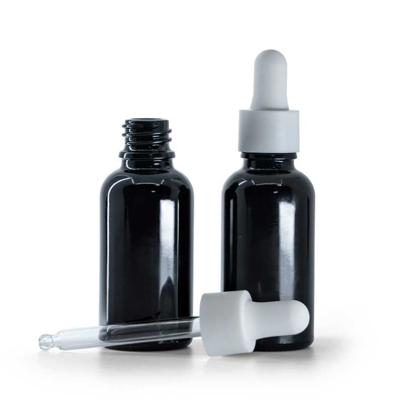 Frasco de vidrio, negro brillante, cuentagotas liso blanco mate, 30 ml