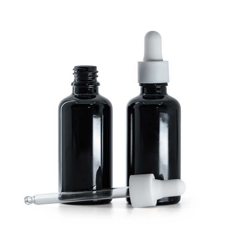 Frasco de vidrio, negro brillante, cuentagotas blanco mate liso, 50 ml
