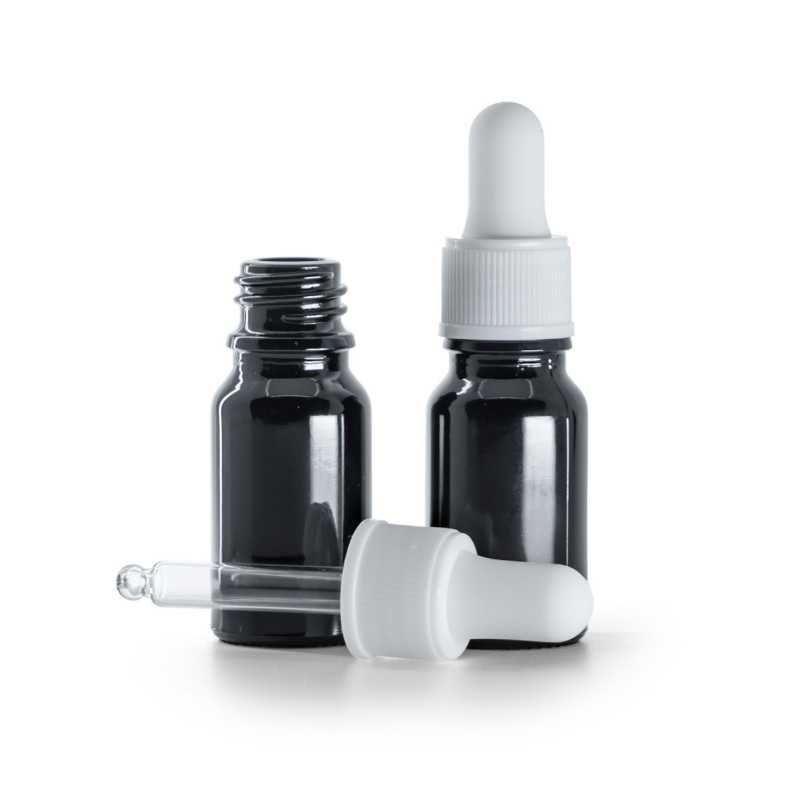 Frasco de vidrio, negro brillante, cuentagotas blanco mate, 10 ml