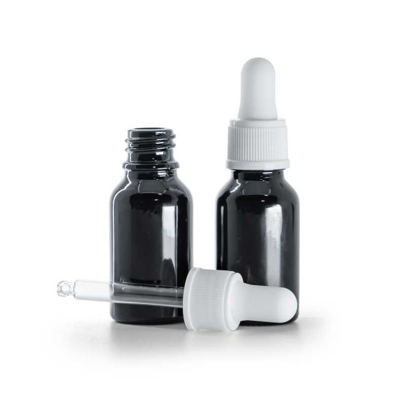 Botella de vidrio, negro brillante, cuentagotas blanco mate, 15 ml