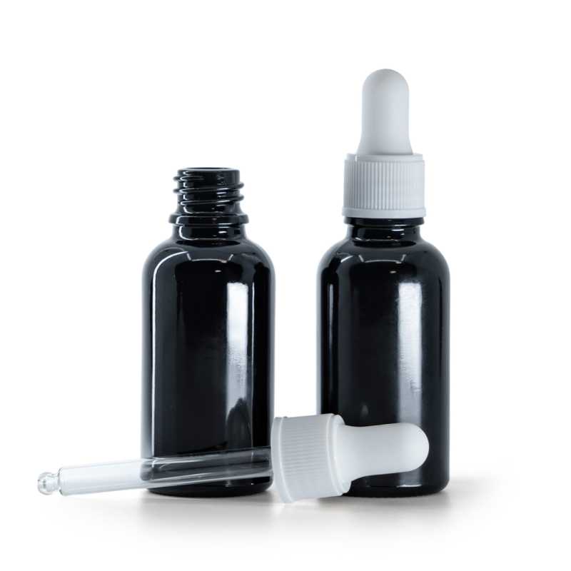 Frasco de vidrio, negro brillante, cuentagotas blanco mate, 30 ml