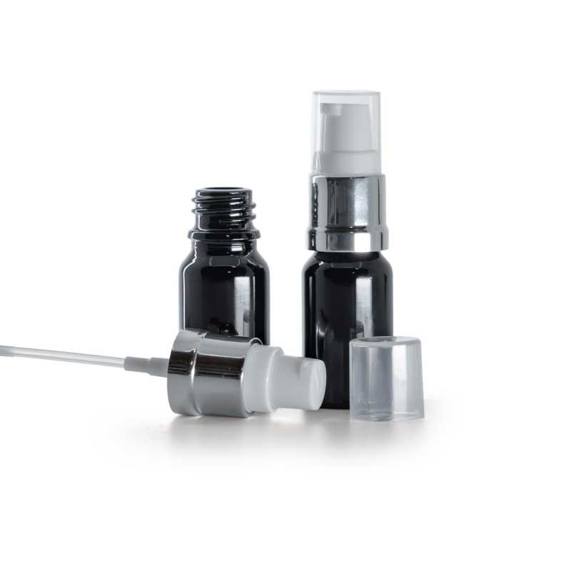 Envase de vidrio, negro brillante, dosificador blanco plateado brillante, 10 ml
