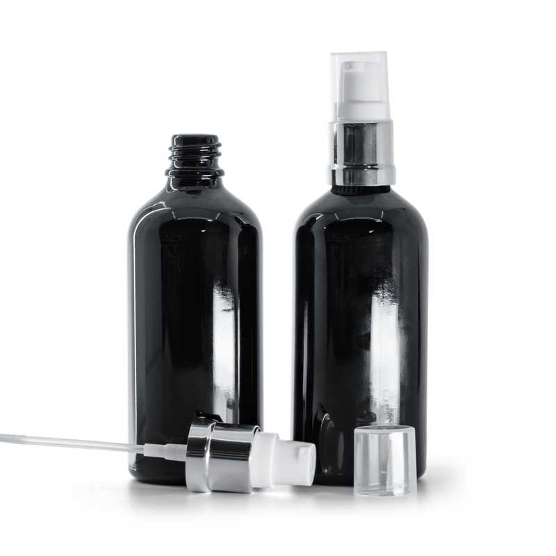 Botella de vidrio, negra brillante, dispensador blanco plateado brillante, 100 ml