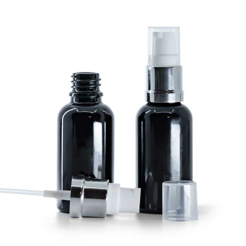 Envase de vidrio, negro brillante, dosificador blanco plateado brillante, 30 ml
