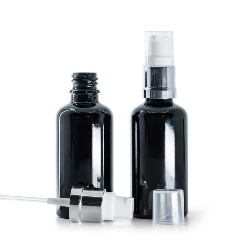 Frasco de vidrio, negro brillante, dispensador blanco plateado brillante, 50 ml