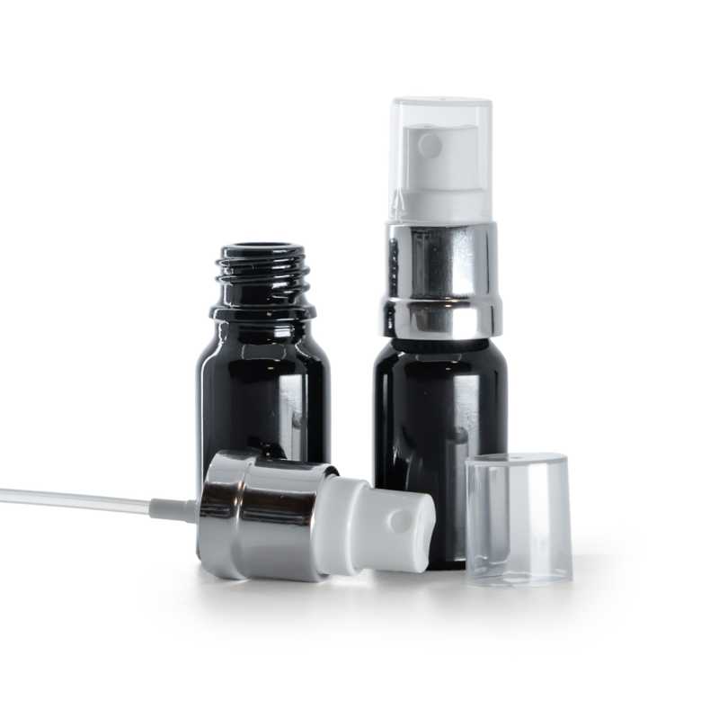 Botella de vidrio, negra brillante, pulverizador plateado blanco, 10 ml