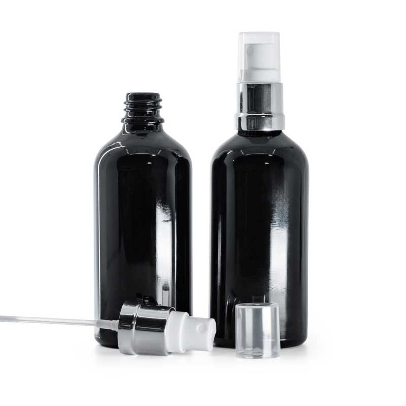 Botella de vidrio, negro brillante, pulverizador blanco-plata brillante, 100 ml