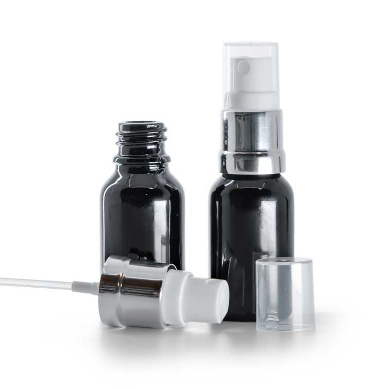 Botella de vidrio, negro brillante, pulverizador blanco plateado brillante, 15 ml