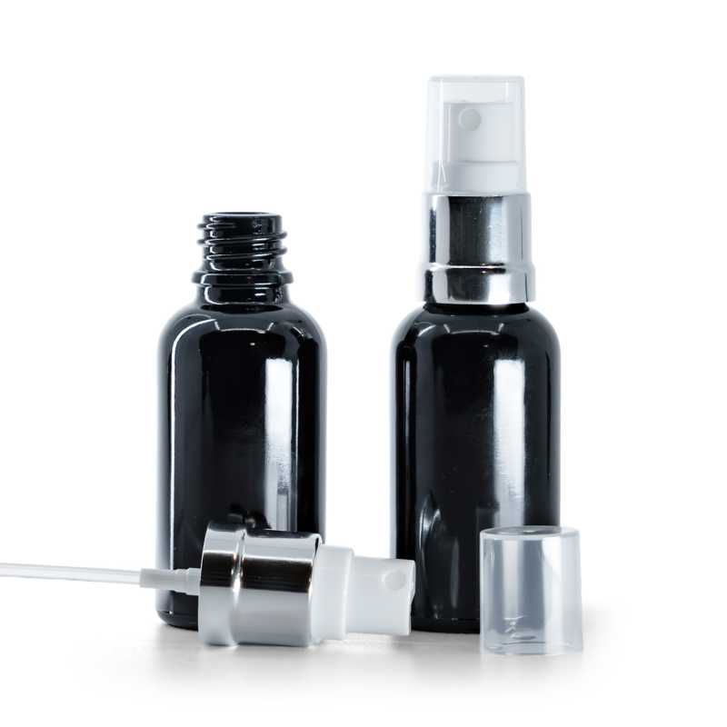 Botella de vidrio, negra brillante, pulverizador blanco-plata, 30 ml
