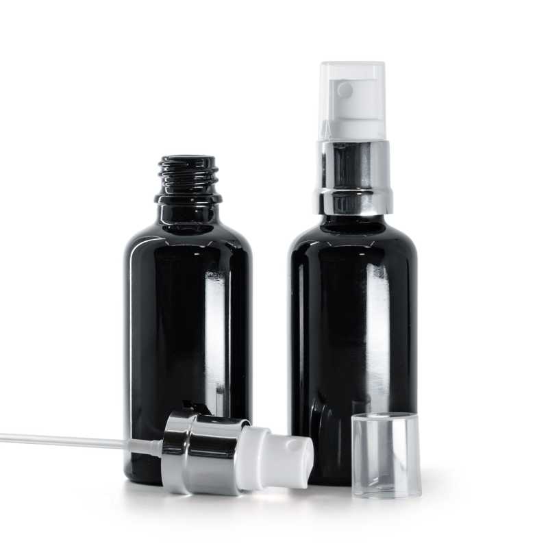 Botella de vidrio, negro brillante, pulverizador, 50 ml