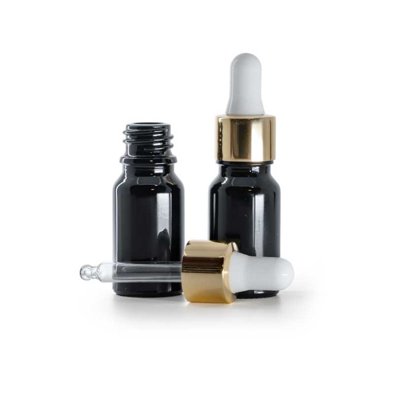 Frasco de vidrio, negro brillante, cuentagotas blanco dorado, 10 ml