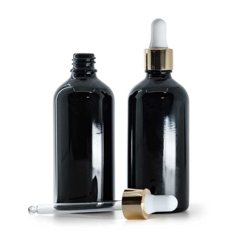 Frasco de vidrio, negro brillante, gotero blanco y dorado, 100 ml