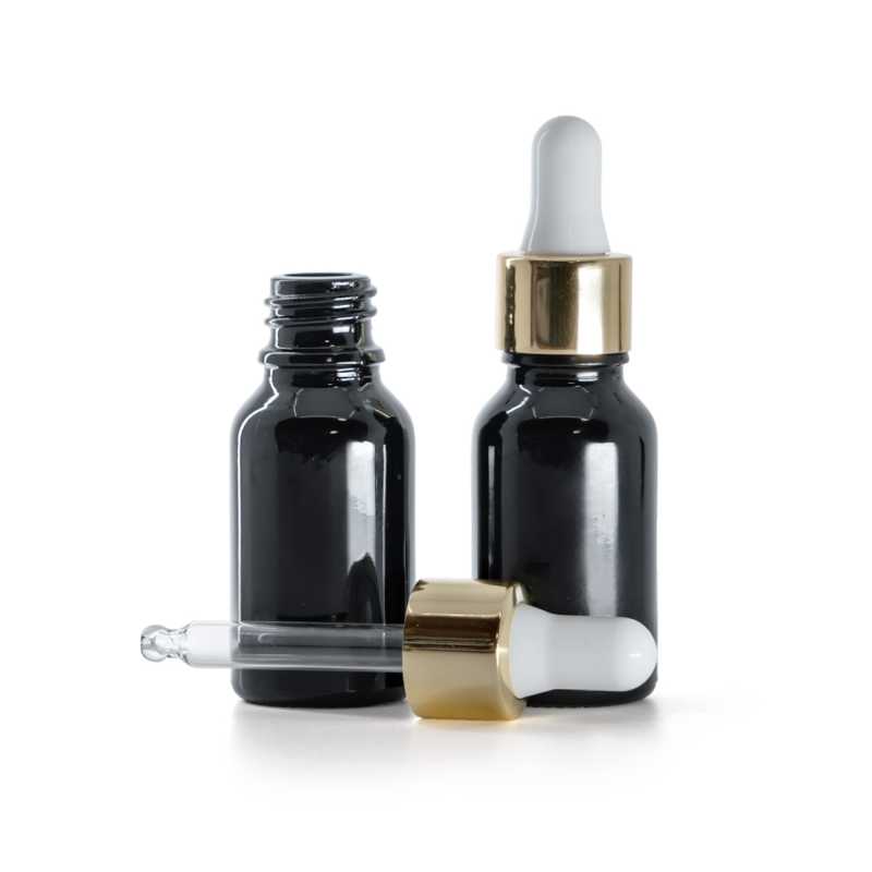 Frasco de vidrio, negro brillante, gotero blanco y dorado, 15 ml