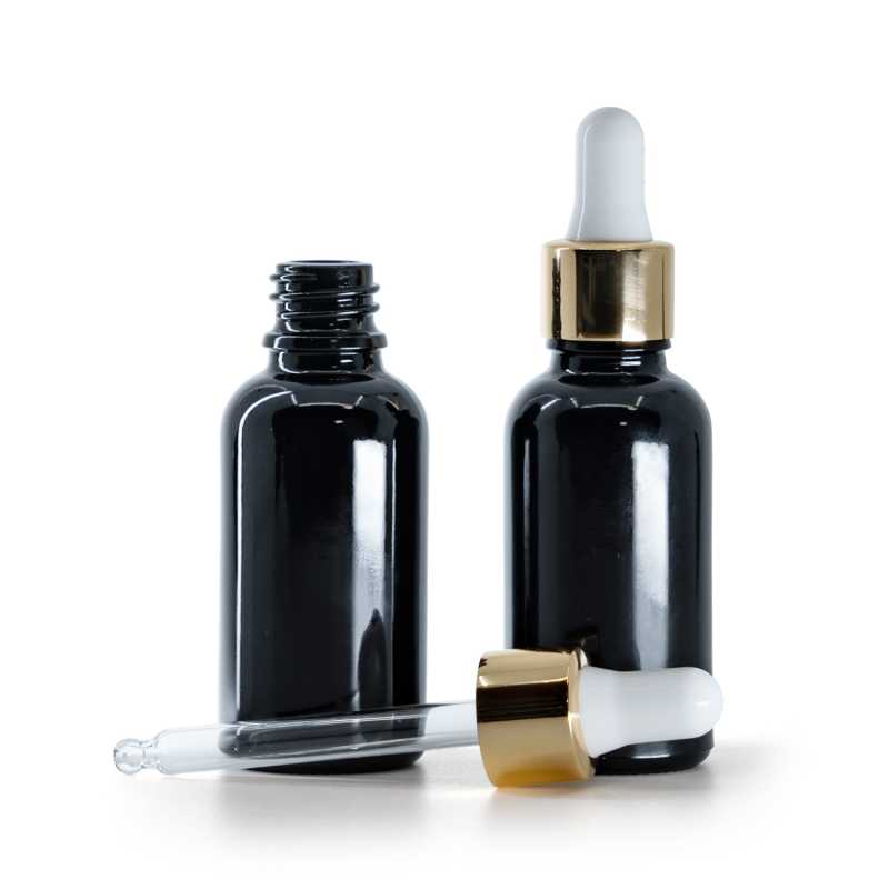 Botella de vidrio, negra brillante, cuentagotas blanco y dorado, 30 ml