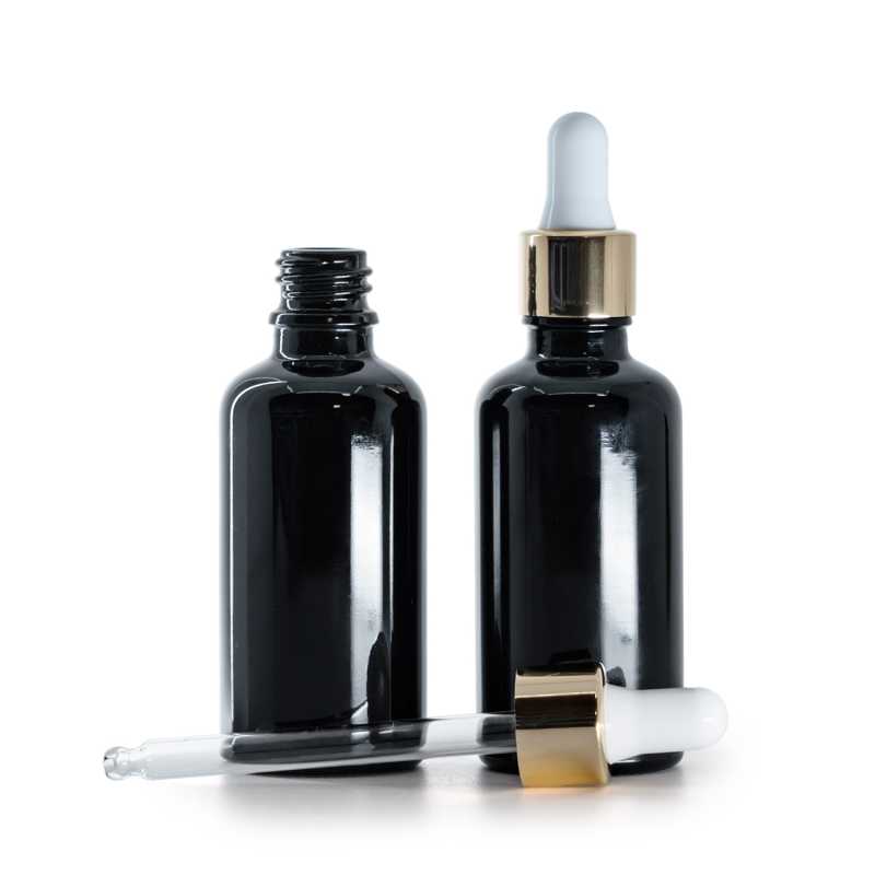 Frasco de vidrio, negro brillante, cuentagotas blanco dorado, 50 ml