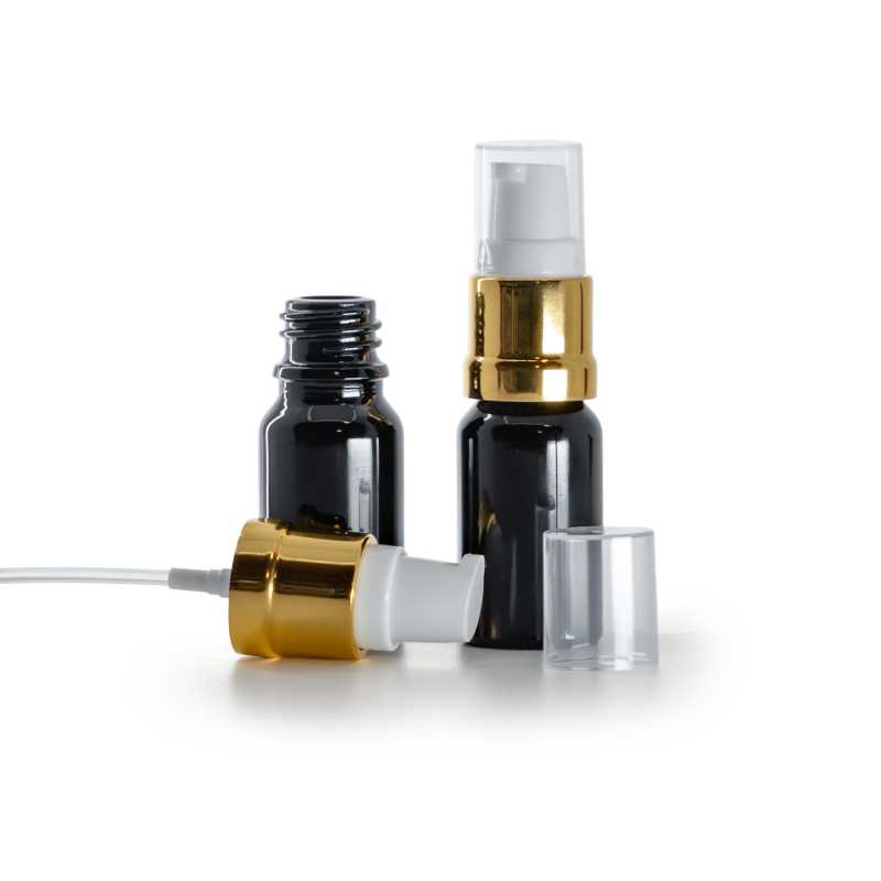 Envase cosmético, vidrio negro brillante, dosificador blanco dorado brillante, 10 ml