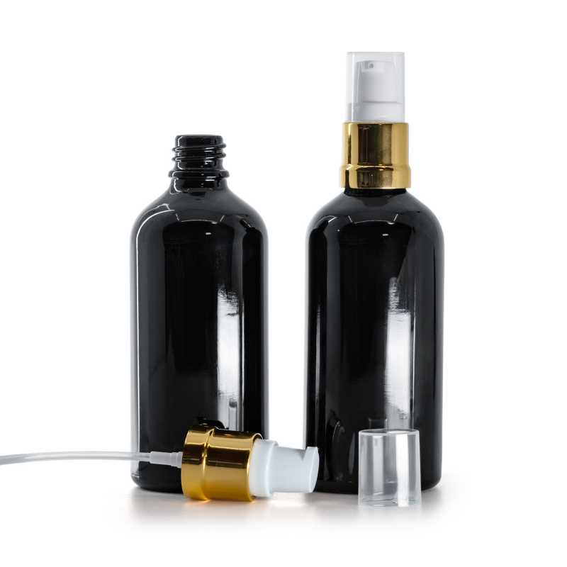 Botella de vidrio, negro brillante, dispensador blanco dorado brillante, 100 ml