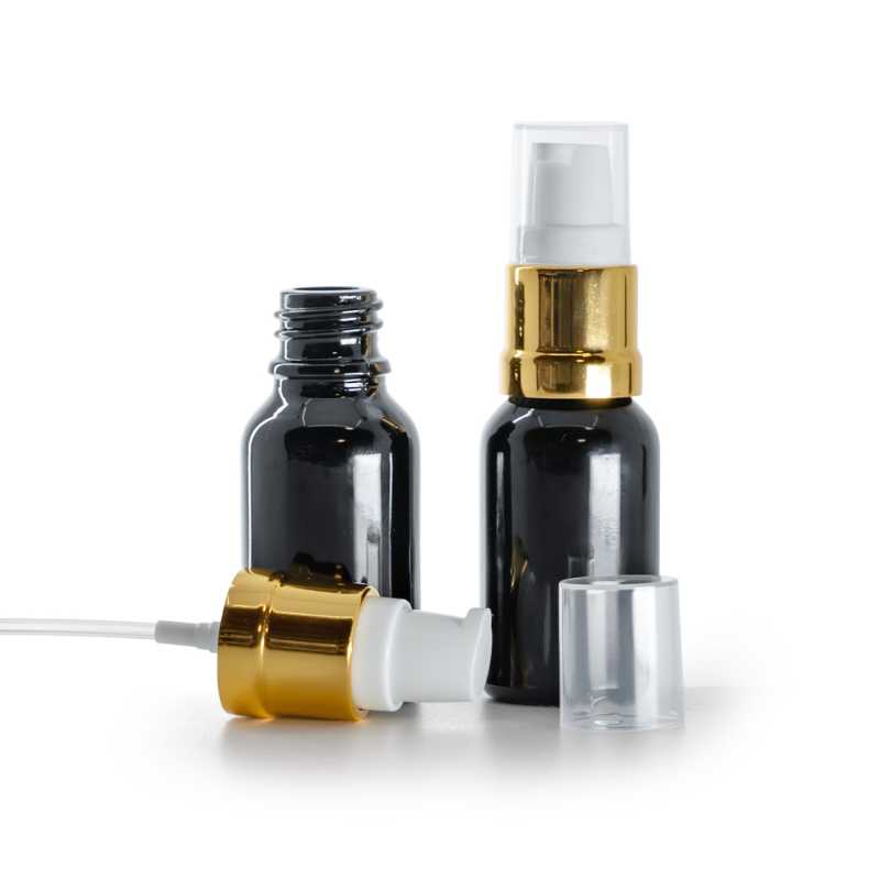 Envase de vidrio, negro brillo, dosificador blanco dorado brillo, 15 ml