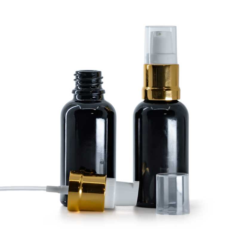 Frasco de vidrio, negro brillo, dispensador blanco dorado brillo, 30 ml