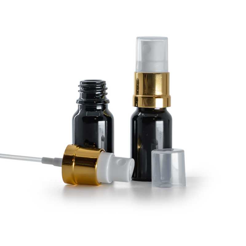 Frasco de vidrio, negro brillante, pulverizador blanco y dorado, 10 ml