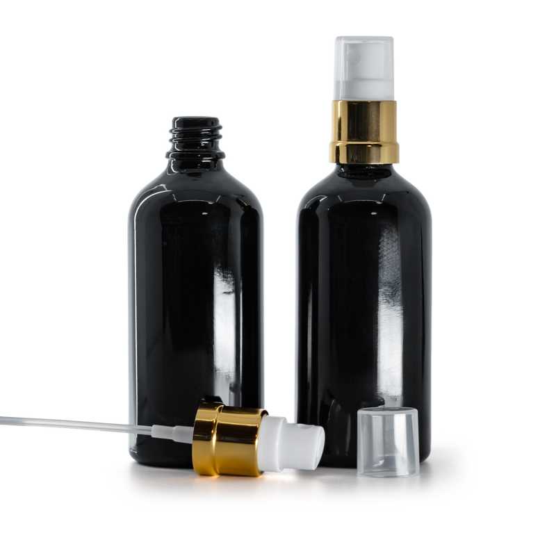 Botella de vidrio, negra brillante, pulverizador blanco dorado, 100 ml