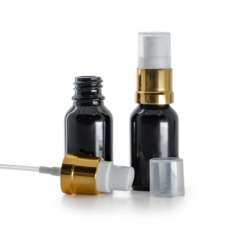 Botella de vidrio, negro brillante, pulverizador blanco dorado brillante, 15 ml