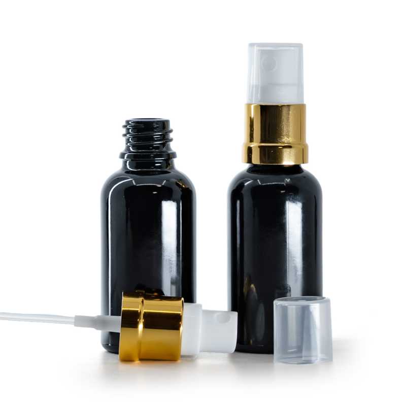 Botella de vidrio, negra brillante, pulverizador blanco dorado brillante, 30 ml