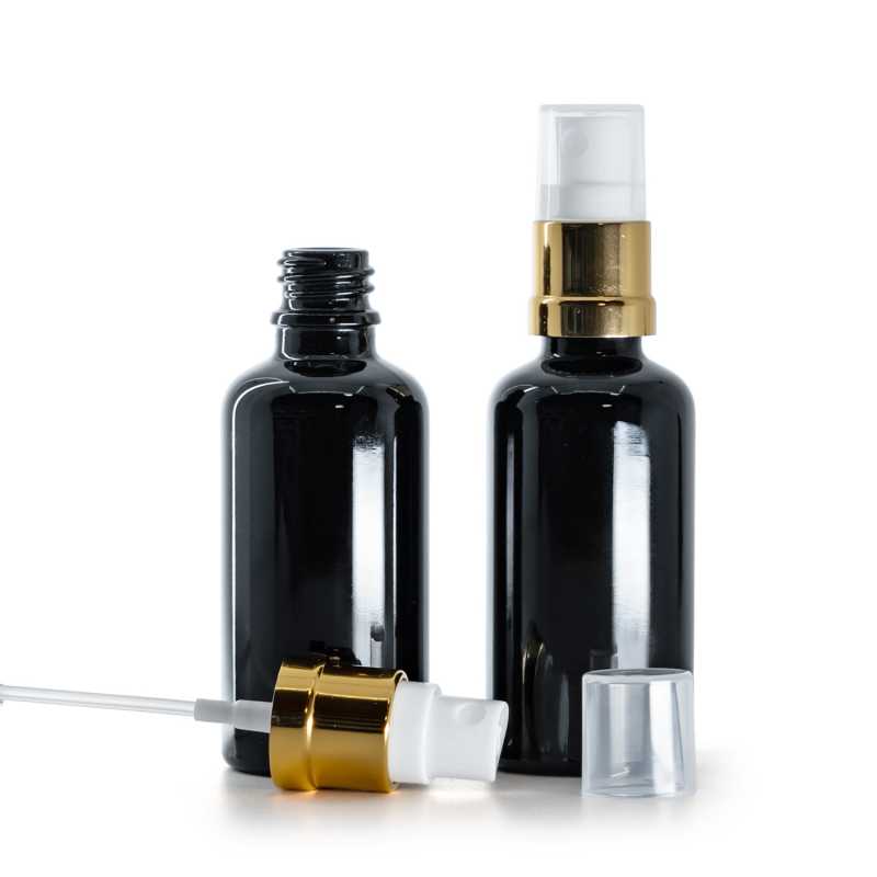 Botella de vidrio, negra brillante, pulverizador blanco dorado brillante, 50 ml