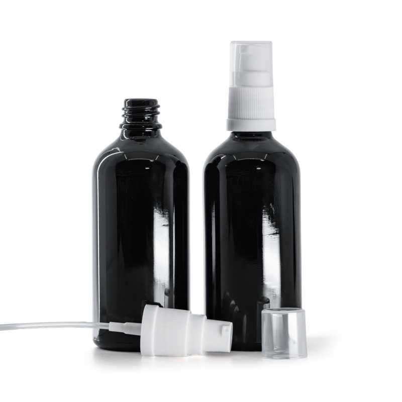 Frasco de vidrio, negro brillante, dispensador blanco, 100 ml