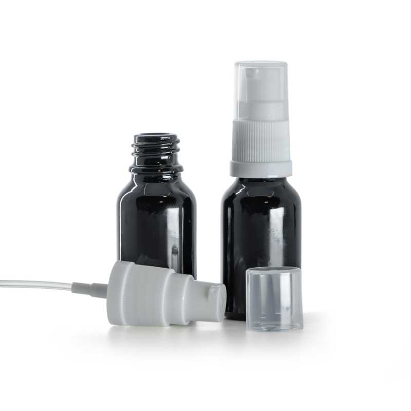 Botella de vidrio, negro brillo, bomba loción blanca, 15 ml