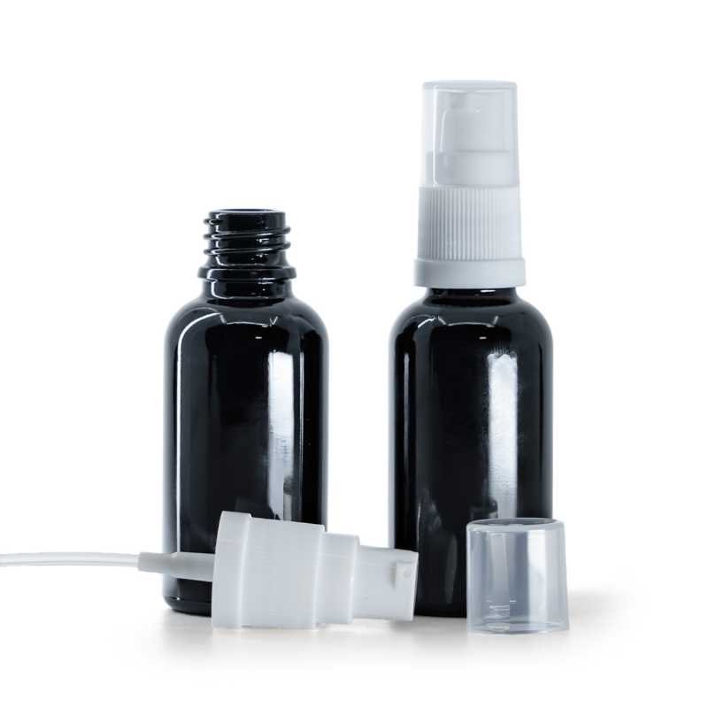 Botella de vidrio, negra brillante, dosificador blanco, 30 ml