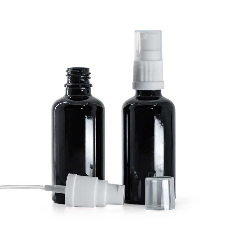 Botella de vidrio, negro brillante, dispensador blanco, 50 ml