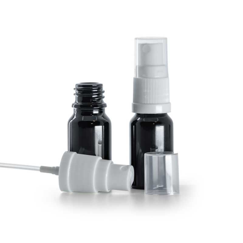 Botella de vidrio, negra brillante, pulverizador blanco, 10 ml