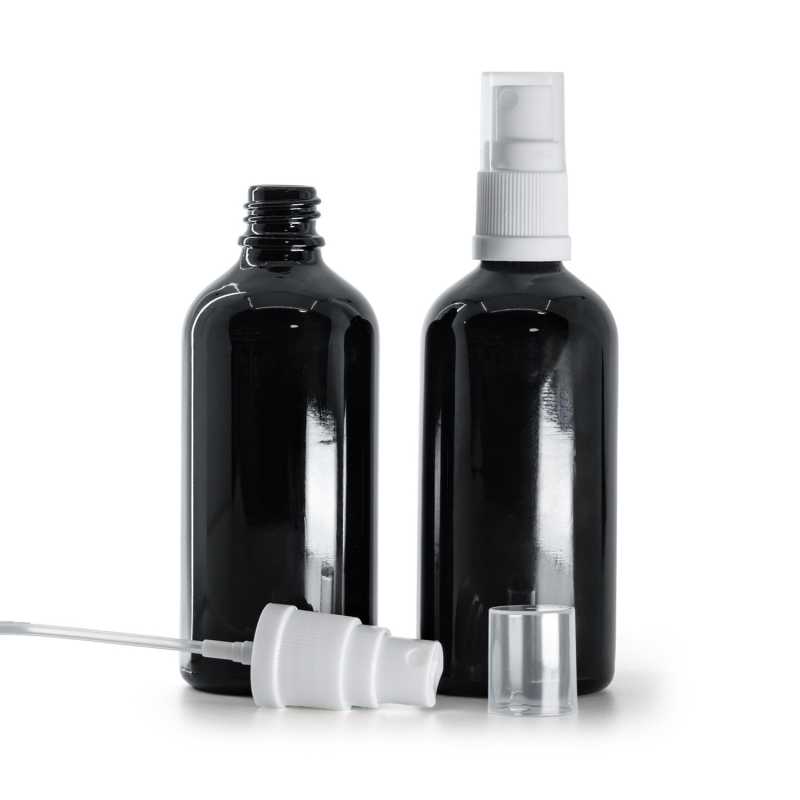 Botella de vidrio, negra brillante, pulverizador blanco, 100 ml