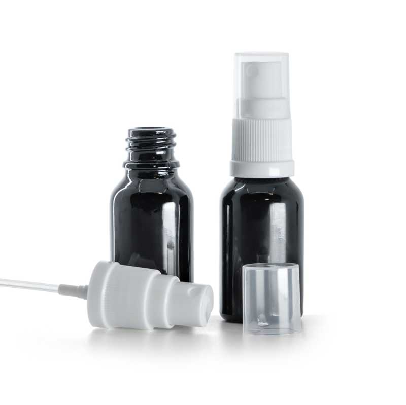 Frasco de vidrio, negro brillante, pulverizador blanco, 15 ml