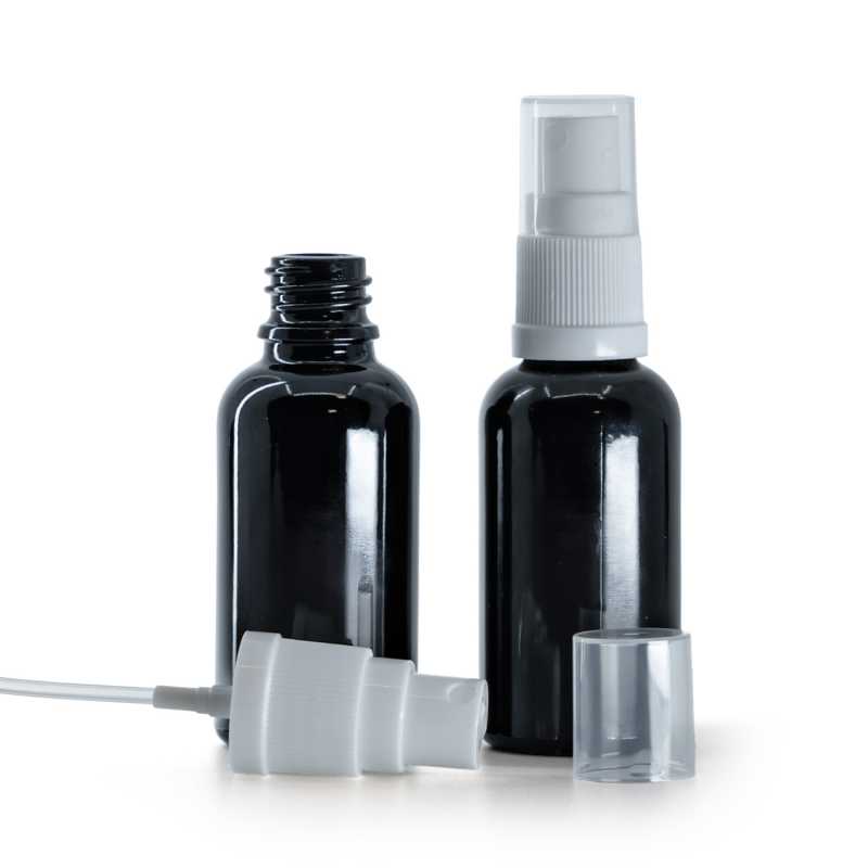 Botella de vidrio, negra brillante, pulverizador blanco, 30 ml