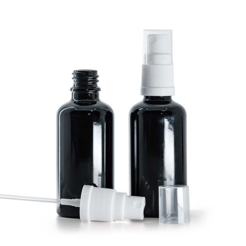 Botella de vidrio, negra brillante, pulverizador blanco, 50 ml